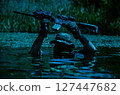 Soldier in camouflage gear and hat holding a rifle above water in a wetland area during nighttime. Vegetation is visible in the background. 127447682