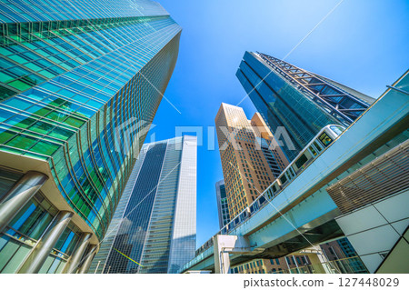 Tokyo cityscape in Japan: Intense heat...view of Shiodome business district and Yurikamome line = June 18th 127448029