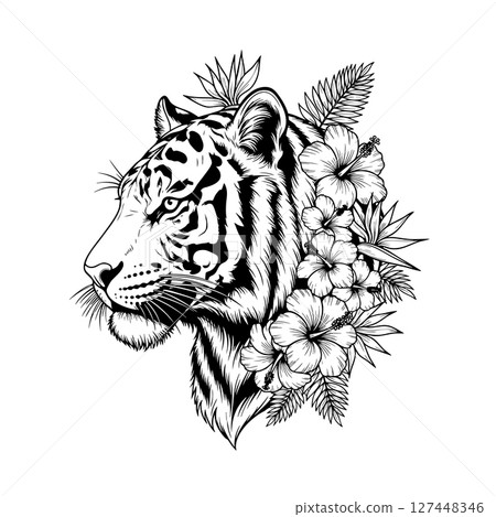 Side profile of a majestic tiger head surrounded by tropical flowers, engraved black and white vector art blending power and grace. Side profile of a majestic tiger head surrounded by tropical flowers, engraved black and white vector art blending power and grace. 127448346