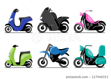 Motorcycle vehicles cartoon illustration . Flat design . Isolate on white background . Set 2 of 3 . Vector . 127448351