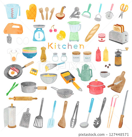 Hand-drawn watercolor kitchen item illustration set 127448571