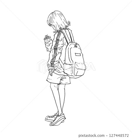A woman with a backpack on her back, bored and waiting for something 127448572