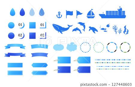 Blue ocean and water vector illustration set: fish and boat icons, frames, decorations, backgrounds Blue ocean and water vector illustration set: fish and boat icons, frames, decorations, backgrounds 127448603