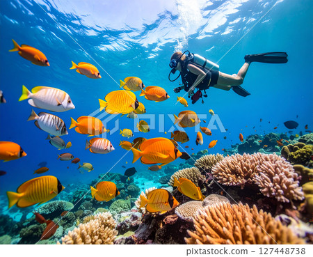 一名女子在熱帶魚的包圍下潛水 127448738