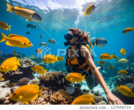 一名女子在熱帶魚的包圍下潛水 127448739