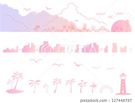 Set of silhouette illustrations of seaside towns at sunset Background illustration Cityscape Set of silhouette illustrations of seaside towns at sunset Background illustration Cityscape 127448787