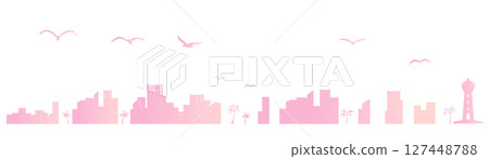 Silhouette illustration of a seaside town at sunset 127448788