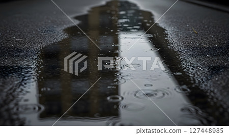 Rain puddle on asphalt reflecting urban building during rainy day 127448985