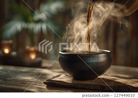 Pouring fresh hot tea into dark ceramic bowl in relaxing spa atmosphere Pouring fresh hot tea into dark ceramic bowl in relaxing spa atmosphere 127449010