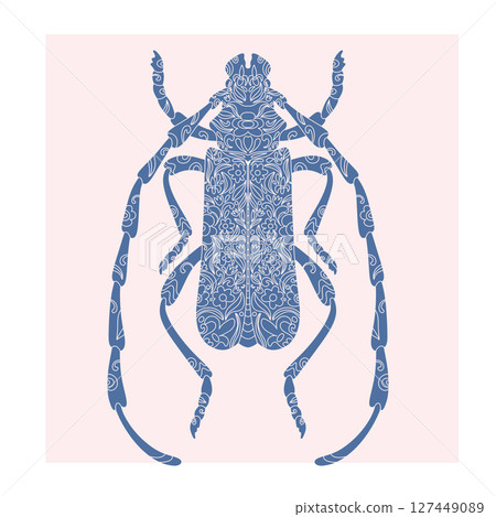 Beetle with botanical cut-out pattern, linocut style, detailed print, natural motifs Beetle with botanical cut-out pattern, linocut style, detailed print, natural motifs 127449089