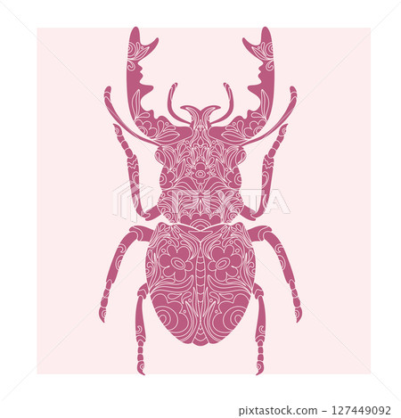 Beetle with botanical cut-out pattern, linocut style, detailed print, natural motifs 127449092