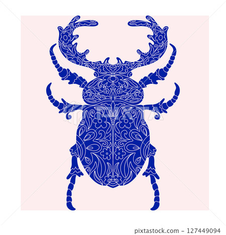 Beetle with botanical cut-out pattern, linocut style, detailed print, natural motifs 127449094