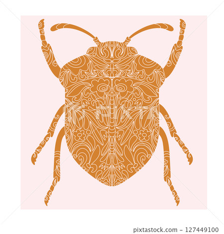Beetle with botanical cut-out pattern, linocut style, detailed print, natural motifs 127449100