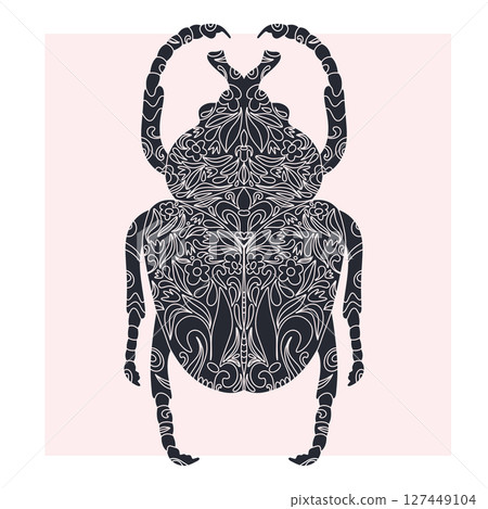 Beetle with botanical cut-out pattern, linocut style, detailed print, natural motifs 127449104