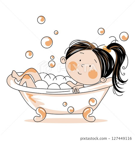 Cute little girl bathing in bubble bath. Vector illustration 127449116