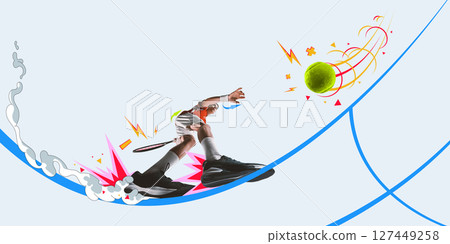 Tennis sprint with shockwave and ball impact. Sport and fashion magazine cover design 127449258