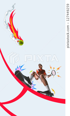 Fiery tennis serve with comic energy burst. Commercial web design for sports Fiery tennis serve with comic energy burst. Commercial web design for sports 127449259