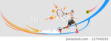 Male tennis player swings with lightning motion trail and energized serve. Sports social media design Male tennis player swings with lightning motion trail and energized serve. Sports social media design 127449283
