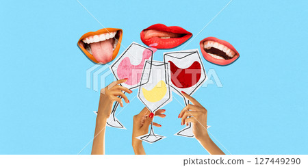 Pop art illustration. Celebratory toast with wine glasses and expressive mouths on blue background Pop art illustration. Celebratory toast with wine glasses and expressive mouths on blue background 127449290