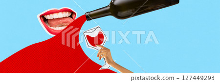 Red lips drinking red wine from bottle in surreal pop cutout with checkered liquid stream Red lips drinking red wine from bottle in surreal pop cutout with checkered liquid stream 127449293