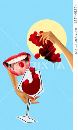 Bold colorful poster. Lips licking red grape and wine splash in surreal layout, beverage visuals Bold colorful poster. Lips licking red grape and wine splash in surreal layout, beverage visuals 127449294