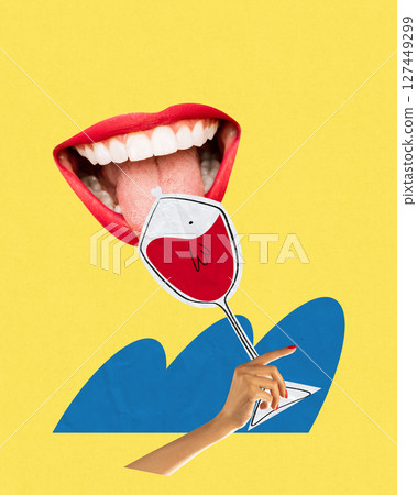 Red lips and hand holding stylized wine glass against yellow backdrop. Event promotion Red lips and hand holding stylized wine glass against yellow backdrop. Event promotion 127449299