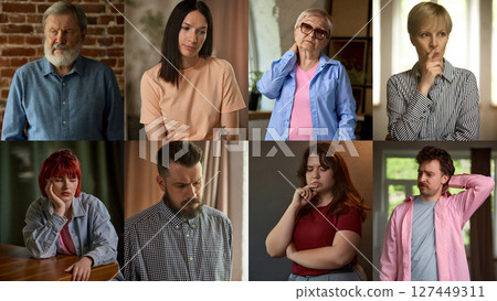 Silent thought. Compilation of various people reflecting doubt, sadness, worry, and confusion Silent thought. Compilation of various people reflecting doubt, sadness, worry, and confusion 127449311