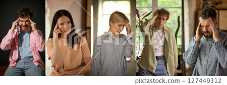 Tired mind. Collection of people showing stress frustration and worry in different moods Tired mind. Collection of people showing stress frustration and worry in different moods 127449312
