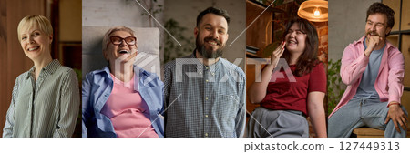 Loud and bright. Diverse people expressing happiness and joy in warm indoor settings Loud and bright. Diverse people expressing happiness and joy in warm indoor settings 127449313