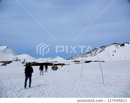 遊客在立山黑部阿爾卑斯山脈路線的旅遊景點室堂攀登 遊客在立山黑部阿爾卑斯山脈路線的旅遊景點室堂攀登 127449823