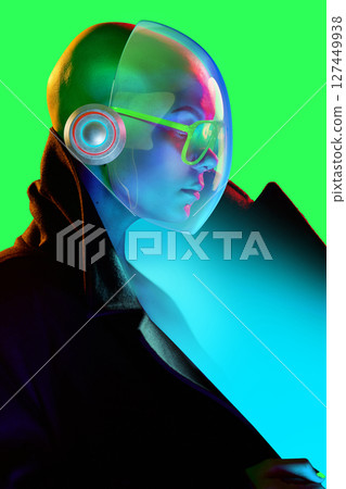 Cyberpunk. Woman in 3D visor and trench coat under vibrant lights. Modern poster Cyberpunk. Woman in 3D visor and trench coat under vibrant lights. Modern poster 127449938