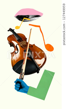 Violin and bow paired with lips and dynamic floating notes. Music school branding Violin and bow paired with lips and dynamic floating notes. Music school branding 127449959