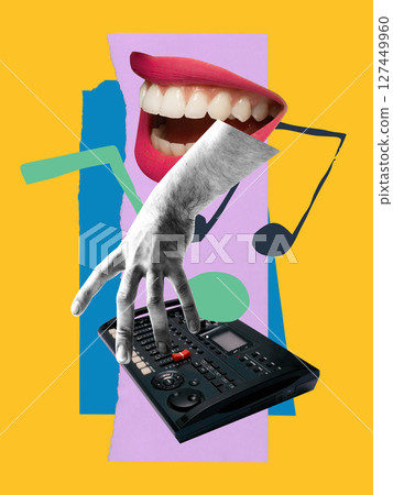 Beat-making hand reaches across sampler under vibrant notes and laughter. Festival posters Beat-making hand reaches across sampler under vibrant notes and laughter. Festival posters 127449960