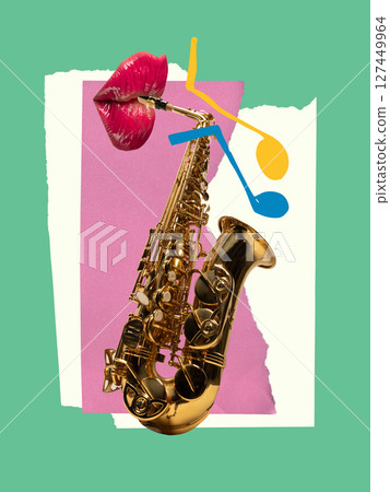 Golden saxophone with red lips and music notes on vibrant collage background. Ad, hand cut collage Golden saxophone with red lips and music notes on vibrant collage background. Ad, hand cut collage 127449964