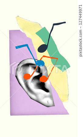 Surreal collage with ear listens to vibrant music notes collage on pastel torn background. Music psychology 127449971