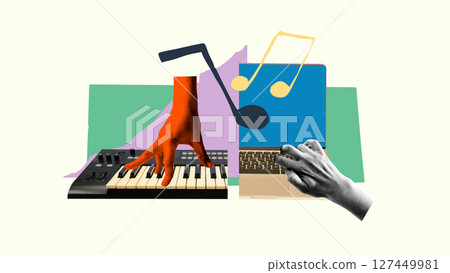 Hand plays keyboard and types laptop in music production collage. Music production visuals Hand plays keyboard and types laptop in music production collage. Music production visuals 127449981