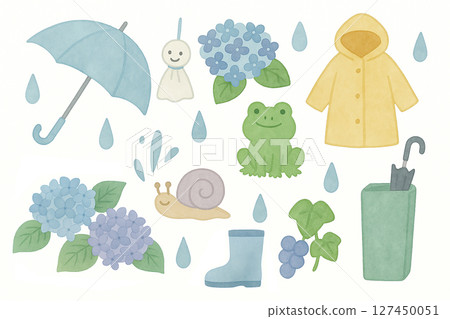 A gentle watercolor style rainy season illustration set 127450051