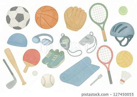 一組溫柔的水彩風格運動用品插畫集 127450055