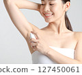 A woman uses a deodorant spray to combat underarm odor 127450061