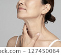 Skin care image of a woman concerned about wrinkles on her neck 127450064