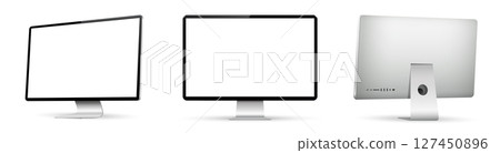 Realistic computer screen mockup. Computer display on three sides with blank screen. Realistic computer screen mockup. Computer display on three sides with blank screen. 127450896