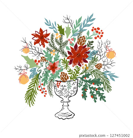 Whimsical Christmas bouquet in vintage vase. Vector hand drawn winter flowers, poinsettia flower. Festive red flower. Cone, holly leaves. New Year's bouquet for decoration Whimsical Christmas bouquet in vintage vase. Vector hand drawn winter flowers, poinsettia flower. Festive red flower. Cone, holly leaves. New Year's bouquet for decoration 127451002