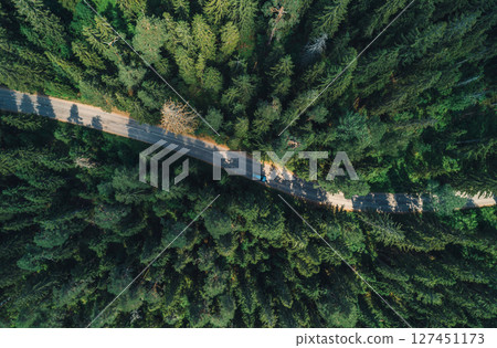 Aerial view of a car driving along a winding road through a lush green forest in daylight 127451173