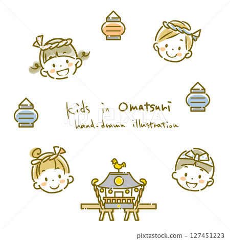 孩子們在享受節日的圓形框架。簡單可愛的線條畫插圖 孩子們在享受節日的圓形框架。簡單可愛的線條畫插圖 127451223