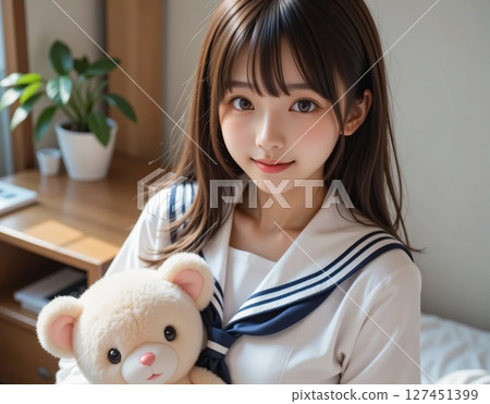 High school girl holding a teddy bear 127451399