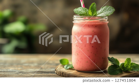 Pink fruit smoothie in mason jar with mint leaves and straw on rustic wooden table. Refreshing and healthy drink. Natural and vibrant summer concept. Pink fruit smoothie in mason jar with mint leaves and straw on rustic wooden table. Refreshing and healthy drink. Natural and vibrant summer concept. 127451804