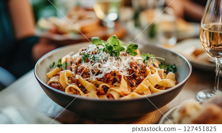 Delicious tagliatelle pasta with bolognese sauce and grated cheese served in a bowl on a dining table. Garnished with herbs. Italian dinner ambiance. 127451825