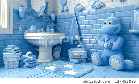 Blue-themed bathroom interior featuring plush toy, towels, and decorative accessories 127451889