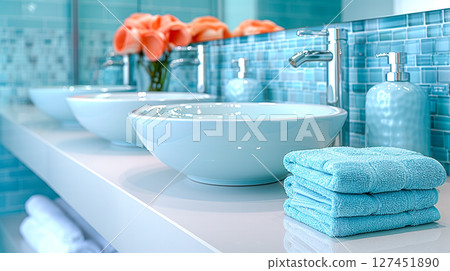 Modern bathroom with elegant sinks, vibrant flowers, and soft towels in a serene atmosphere 127451890