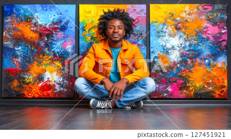 African American man sitting in front of colorful abstract paintings in a modern art gallery 127451921